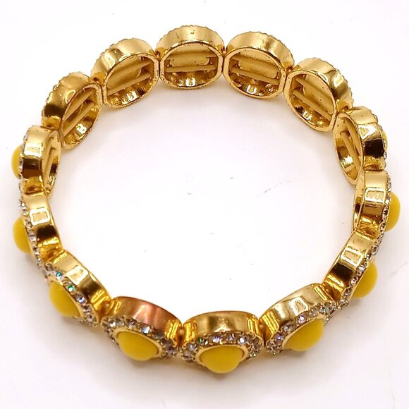 J. Crew Stretchy Bracelet Gold Tone Metal Yellow Enamel Rhinestones 6 3/4 Inch - Picture 2 of 8